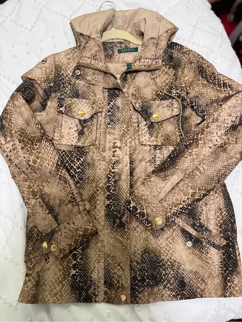 Lauren Ralph Lauren Tan and Brown Snake-Print Hooded Utility Jacket